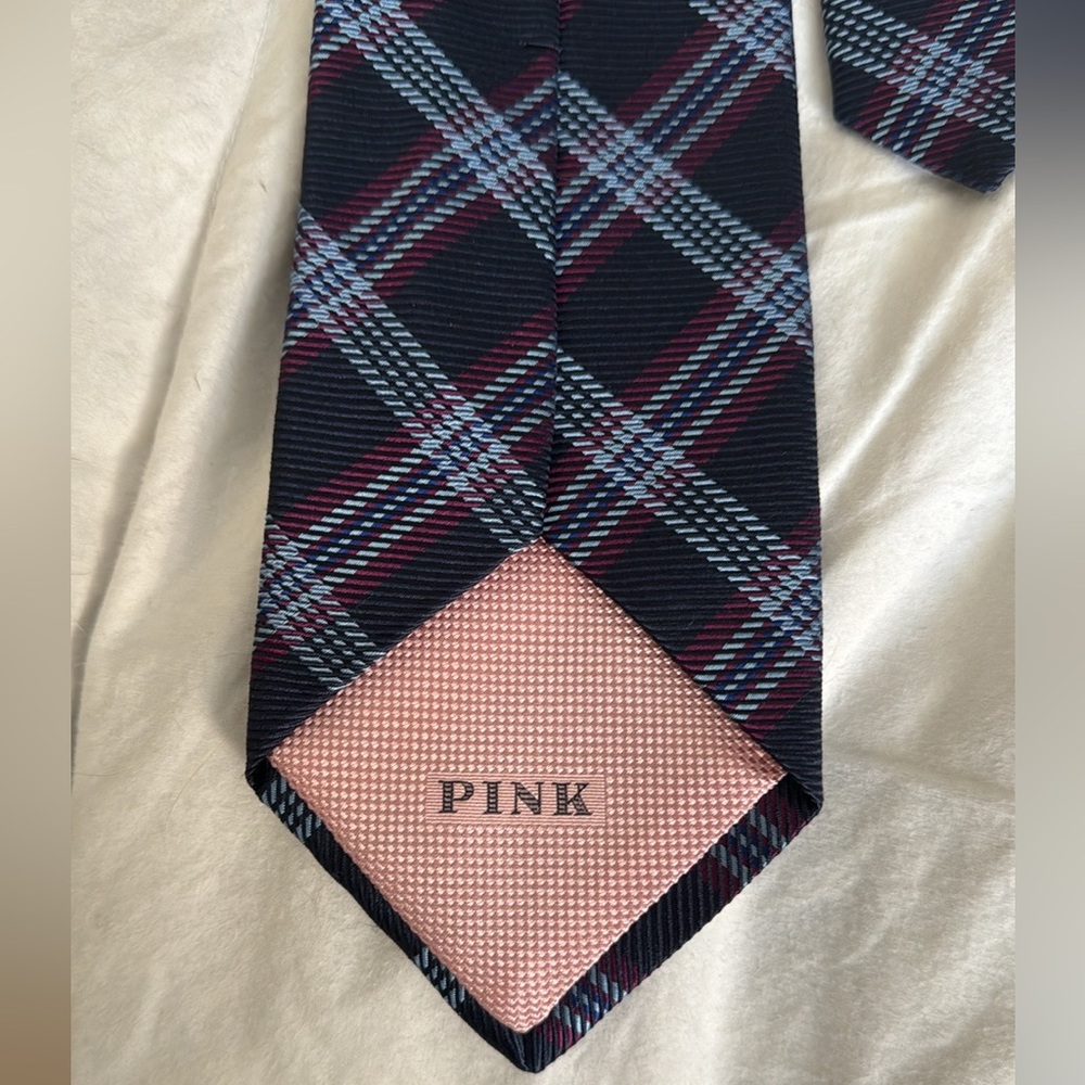 Thomas Pink Blue Plaid Silk Tie. Like New OS